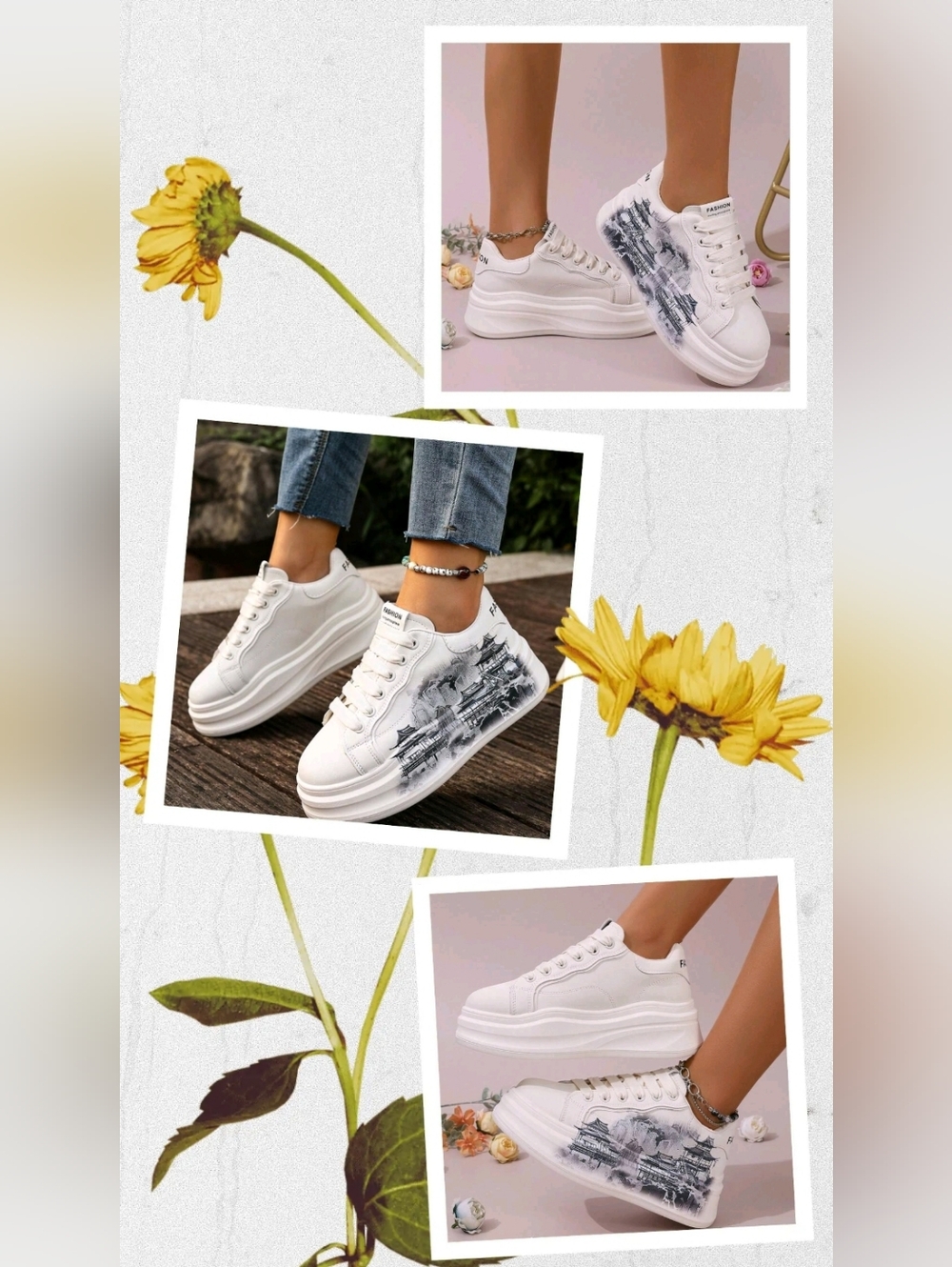 *" WHITE PLATFORM SNEAKERS WITH GRAY GRAPHIC DETAIL**"💲💲💲💲💲💲💲 - Picture 2 of 10